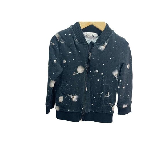 H&M Boys Bomber Jacket Size 2/4Y Black Space Theme Cotton Full Zip - Picture 1 of 4
